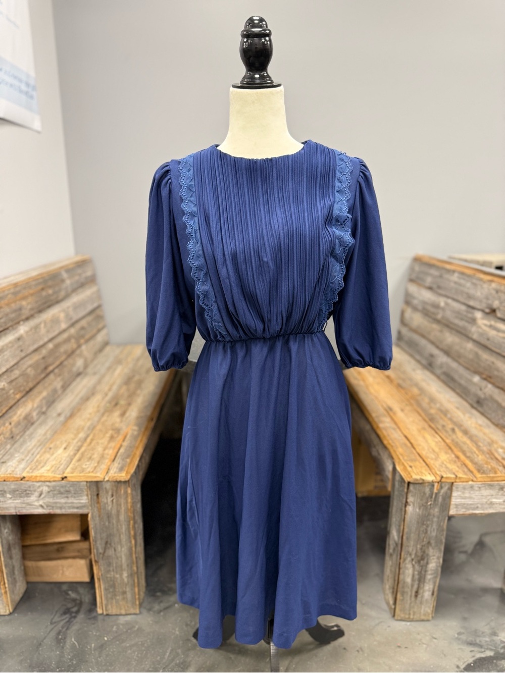 Navy Pleated Midi Dress with Lace Trim